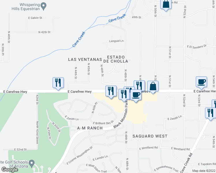 map of restaurants, bars, coffee shops, grocery stores, and more near 4675 East Quail Brush Lane in Cave Creek