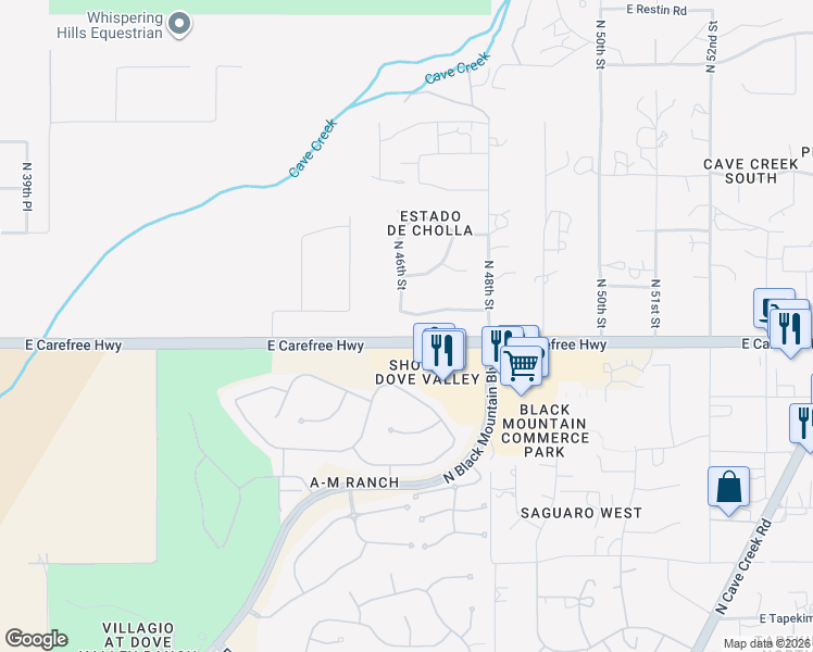 map of restaurants, bars, coffee shops, grocery stores, and more near 4675 East Quail Brush Lane in Cave Creek