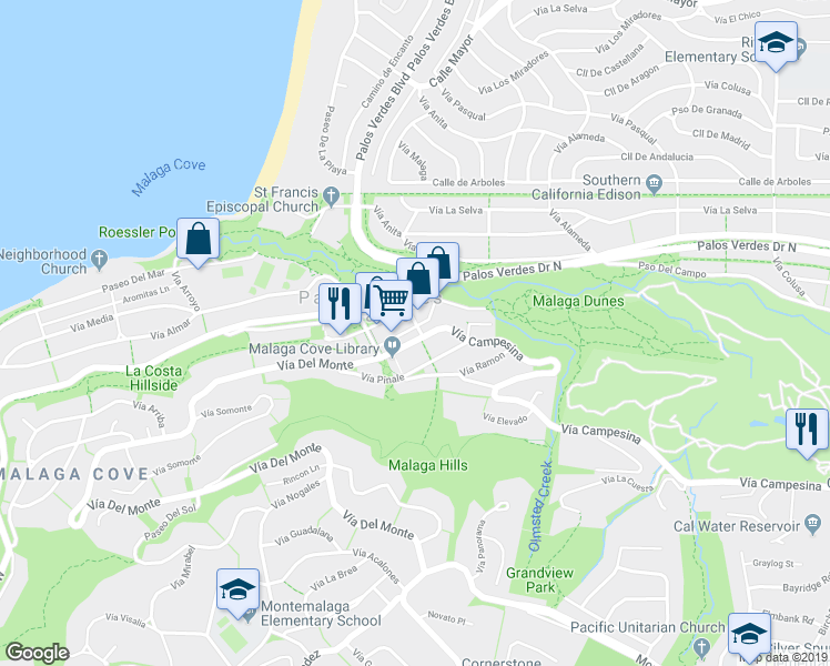 map of restaurants, bars, coffee shops, grocery stores, and more near 2449 Vía Campesina in Palos Verdes Estates