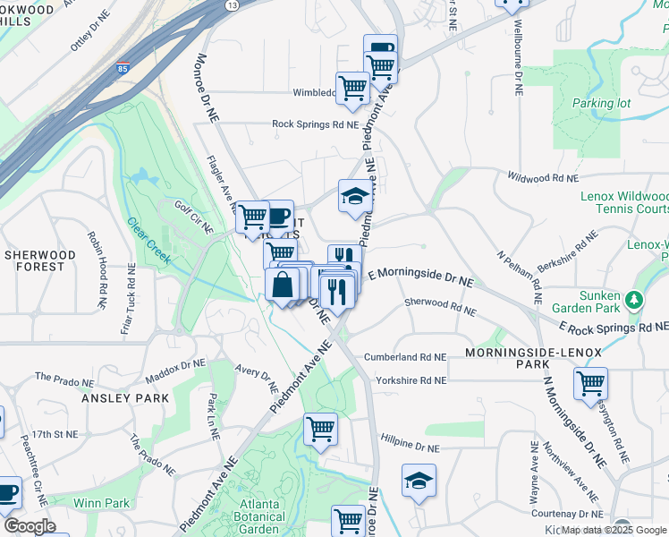 map of restaurants, bars, coffee shops, grocery stores, and more near 1659 Monroe Drive Northeast in Atlanta
