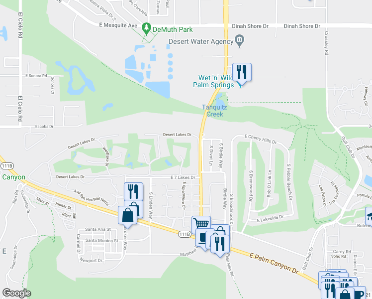 map of restaurants, bars, coffee shops, grocery stores, and more near 146 Eastlake Drive in Palm Springs