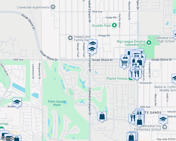 map of restaurants, bars, coffee shops, grocery stores, and more near 34111 Calle Mora in Cathedral City