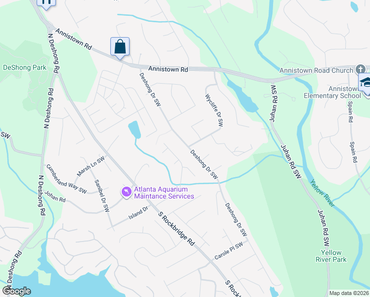 map of restaurants, bars, coffee shops, grocery stores, and more near 3053 Deshong Drive Southwest in Stone Mountain