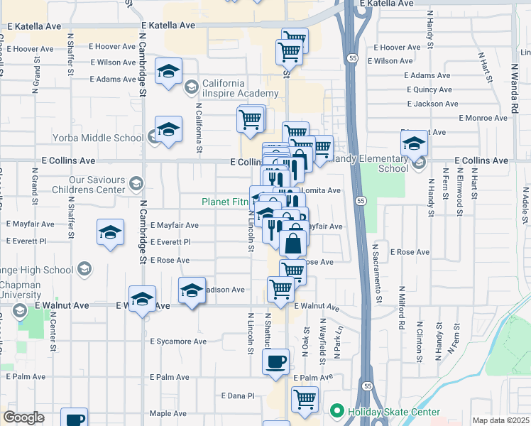 map of restaurants, bars, coffee shops, grocery stores, and more near 750 North Shattuck Place in Orange