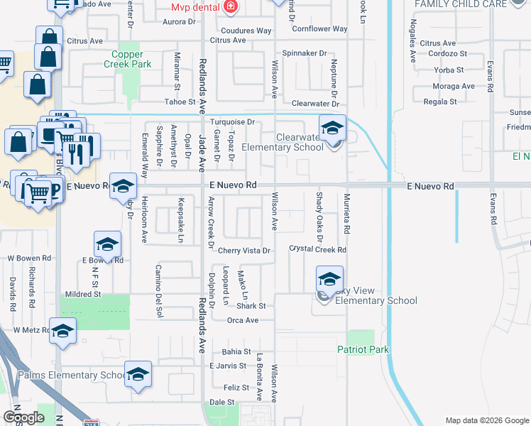 map of restaurants, bars, coffee shops, grocery stores, and more near 1510 Wilson Avenue in Perris