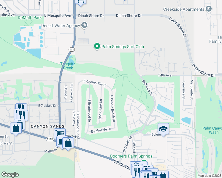 map of restaurants, bars, coffee shops, grocery stores, and more near 1187 South Pebble Beach Drive in Palm Springs