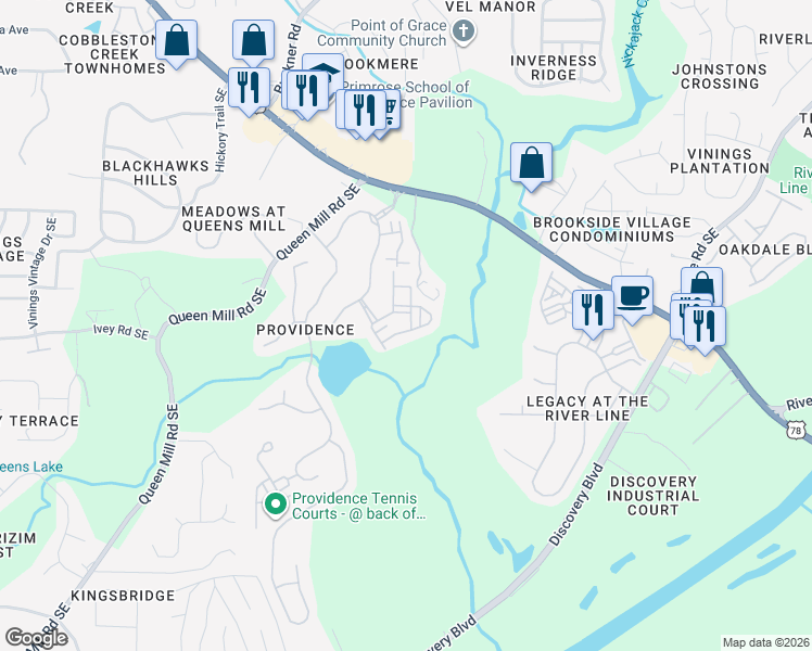 map of restaurants, bars, coffee shops, grocery stores, and more near 6414 Queens Court Trace in Mableton