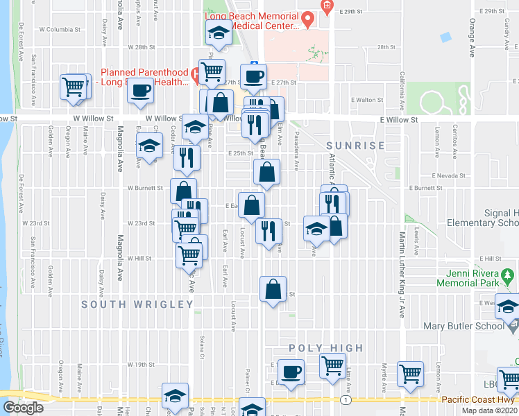 map of restaurants, bars, coffee shops, grocery stores, and more near 2341 Long Beach Blvd in Long Beach