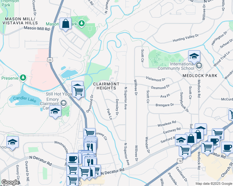 map of restaurants, bars, coffee shops, grocery stores, and more near 767 Densley Drive in Decatur