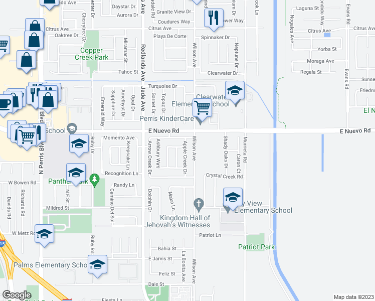 map of restaurants, bars, coffee shops, grocery stores, and more near 1523 Apple Creek Drive in Perris