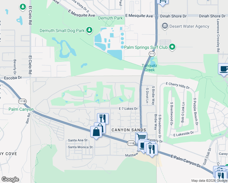 map of restaurants, bars, coffee shops, grocery stores, and more near 78 Lakeview Drive in Palm Springs
