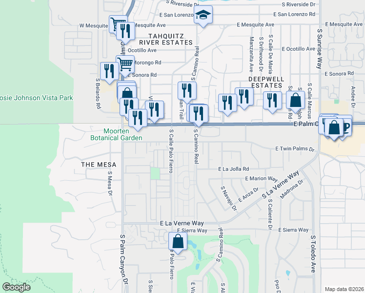 map of restaurants, bars, coffee shops, grocery stores, and more near 743 East Twin Palms Drive in Palm Springs