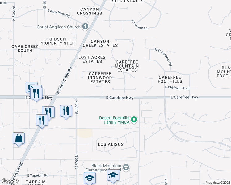 map of restaurants, bars, coffee shops, grocery stores, and more near 5829 East Agave Lane in Cave Creek