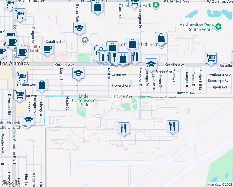 map of restaurants, bars, coffee shops, grocery stores, and more near 4297 Farquhar Avenue in Los Alamitos