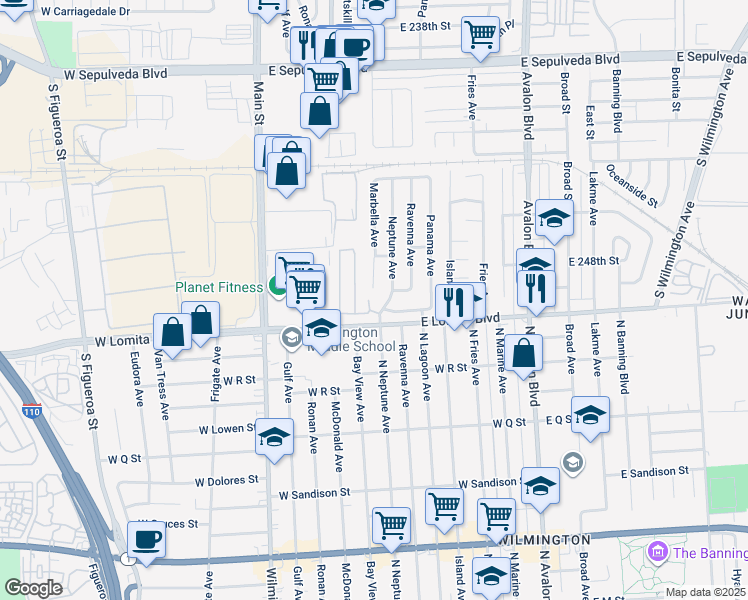 map of restaurants, bars, coffee shops, grocery stores, and more near 24802 Petaluma Lane in Carson