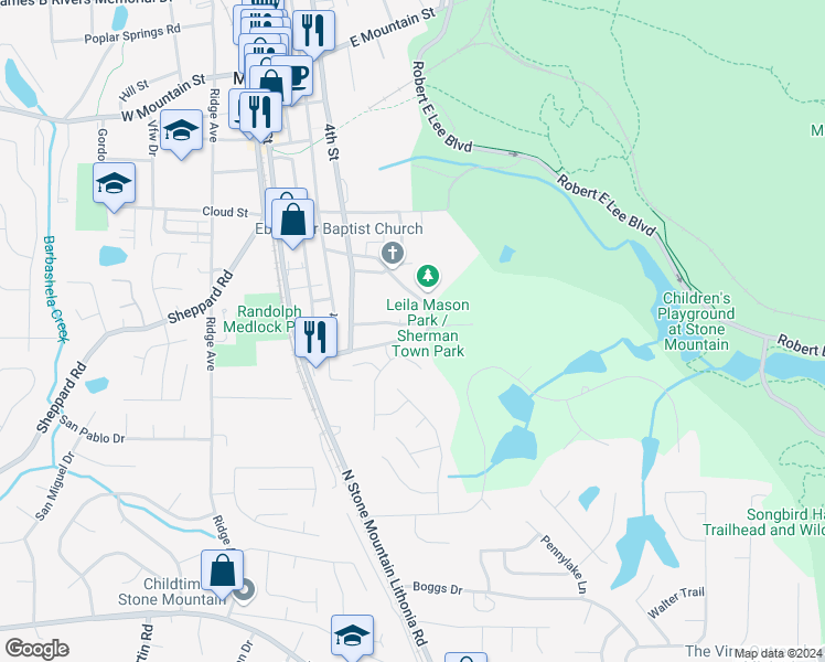 map of restaurants, bars, coffee shops, grocery stores, and more near 5499 Sigman Street in Stone Mountain
