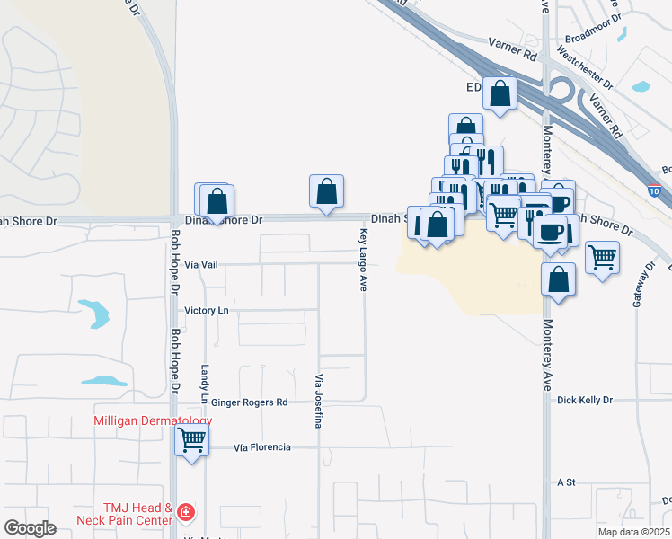 map of restaurants, bars, coffee shops, grocery stores, and more near 72425 Vía Vail in Rancho Mirage