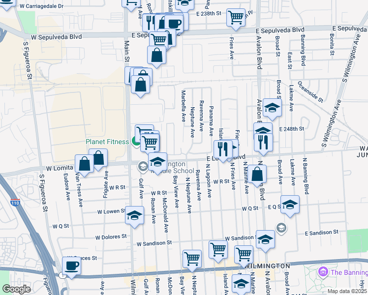map of restaurants, bars, coffee shops, grocery stores, and more near 24802 Petaluma Lane in Carson