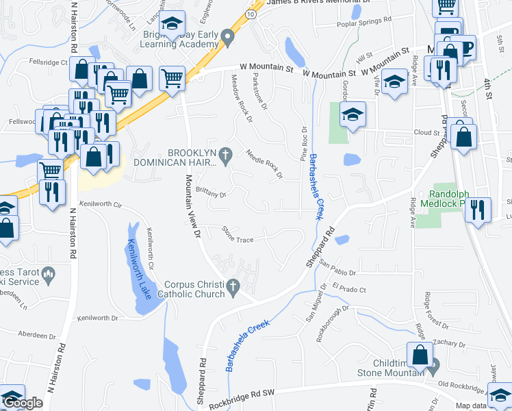 map of restaurants, bars, coffee shops, grocery stores, and more near 5092 Leland Drive in Stone Mountain