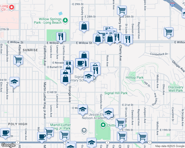 map of restaurants, bars, coffee shops, grocery stores, and more near 1509 23rd Street in Signal Hill