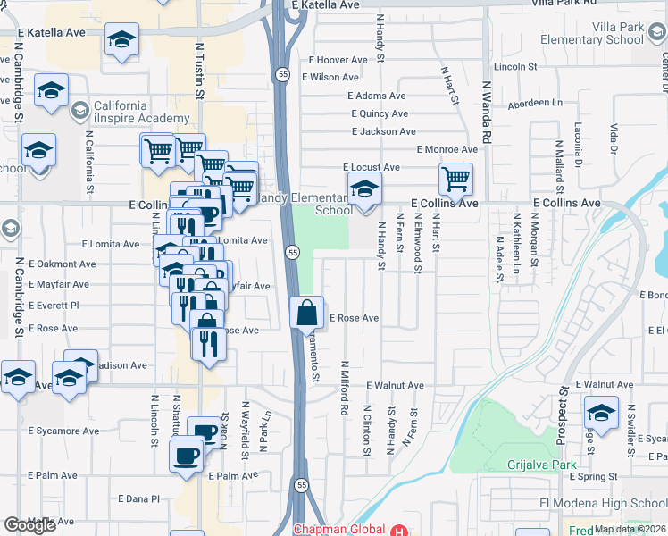 map of restaurants, bars, coffee shops, grocery stores, and more near 2226 East Mayfair Avenue in Orange