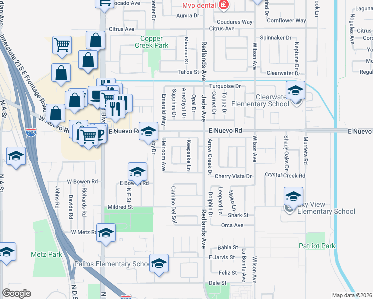map of restaurants, bars, coffee shops, grocery stores, and more near 1518 Keepsake Lane in Perris