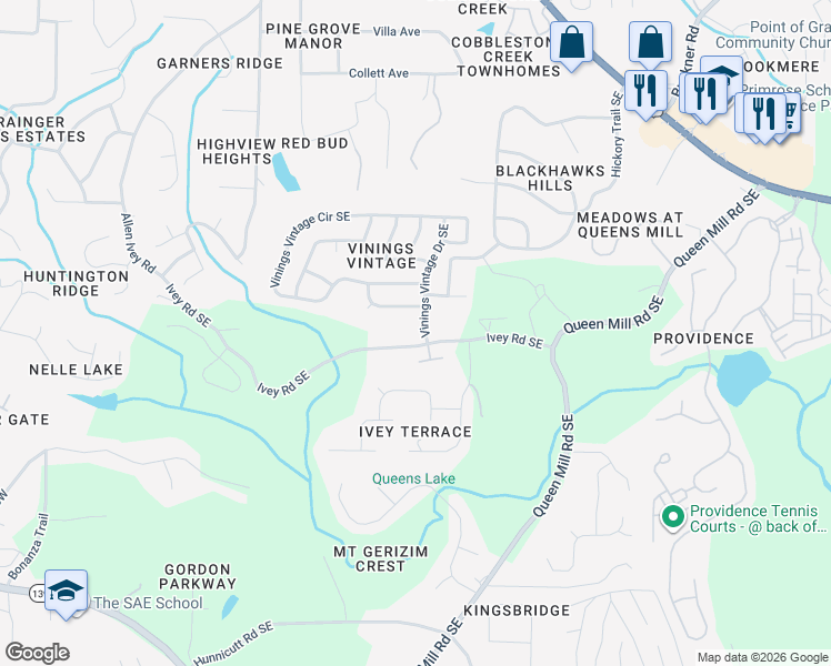 map of restaurants, bars, coffee shops, grocery stores, and more near 6296 Vinings Vintage Drive Southeast in Mableton