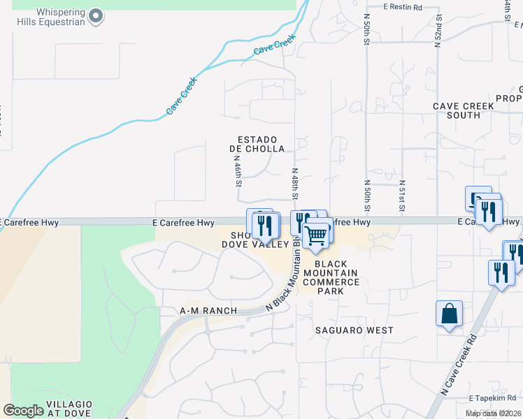 map of restaurants, bars, coffee shops, grocery stores, and more near 4675 East Quail Brush Lane in Cave Creek