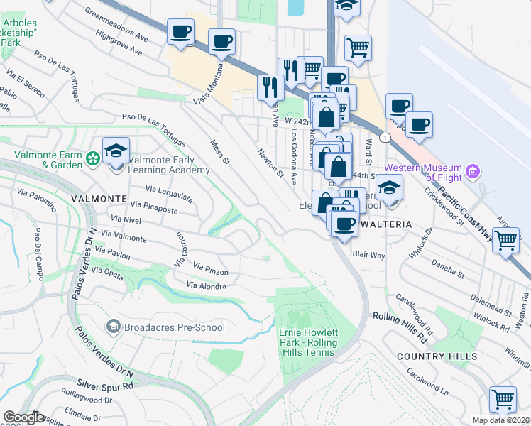 map of restaurants, bars, coffee shops, grocery stores, and more near 3856 Paseo De Las Tortugas in Torrance