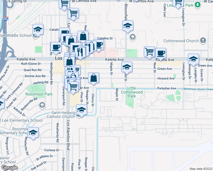 map of restaurants, bars, coffee shops, grocery stores, and more near 3845 Farquhar Avenue in Los Alamitos
