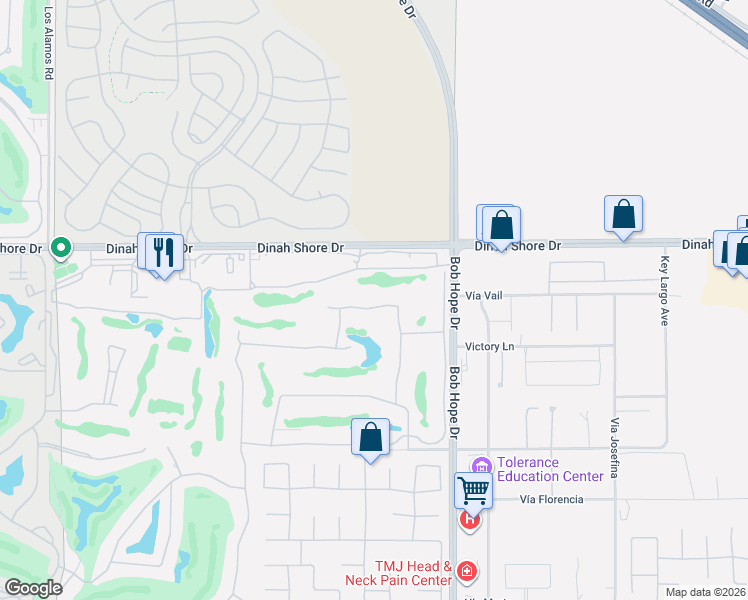 map of restaurants, bars, coffee shops, grocery stores, and more near 20 Pebble Beach Drive in Rancho Mirage