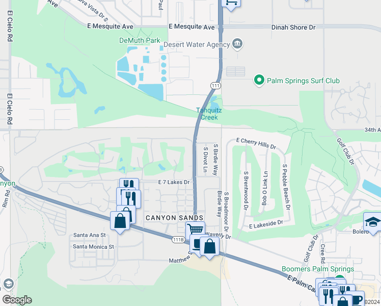 map of restaurants, bars, coffee shops, grocery stores, and more near 306 Desert Lakes Drive in Palm Springs