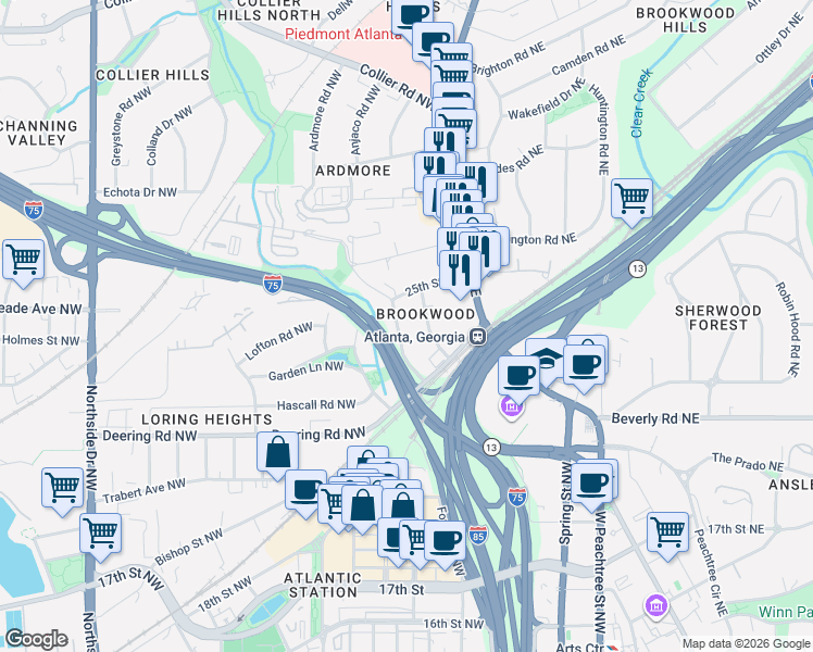 map of restaurants, bars, coffee shops, grocery stores, and more near 56 Alden Avenue Northwest in Atlanta