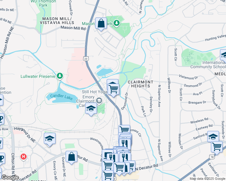 map of restaurants, bars, coffee shops, grocery stores, and more near 729 Carlyle Lake in Decatur