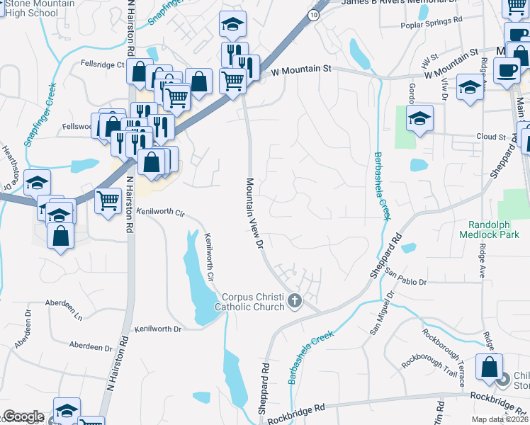 map of restaurants, bars, coffee shops, grocery stores, and more near 761 Mountain View Drive in Stone Mountain