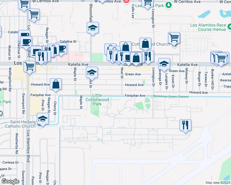 map of restaurants, bars, coffee shops, grocery stores, and more near 4191 Farquhar Avenue in Los Alamitos