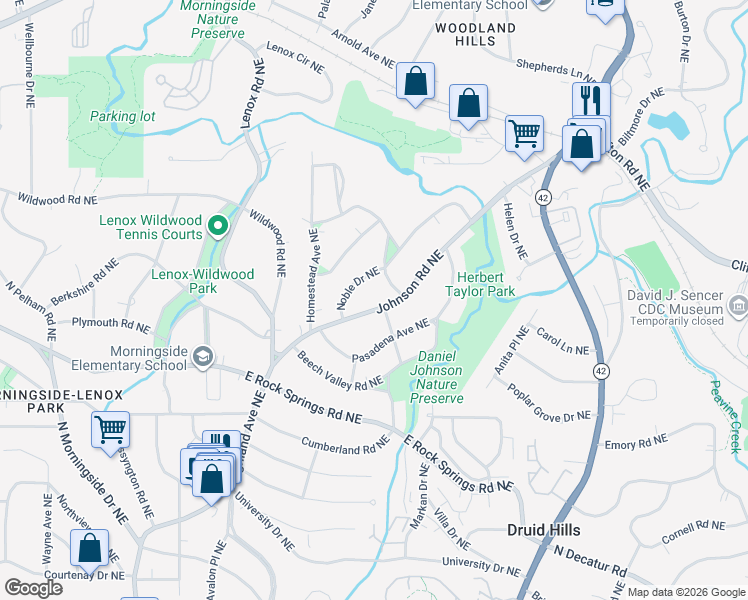 map of restaurants, bars, coffee shops, grocery stores, and more near 1698 Johnson Road Northeast in Atlanta