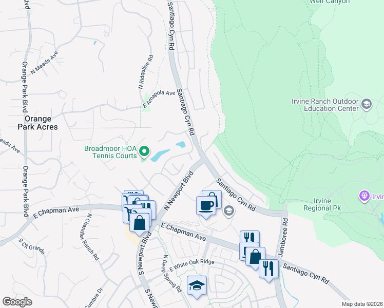 map of restaurants, bars, coffee shops, grocery stores, and more near 8009 East Eucalyptus Trail in Orange