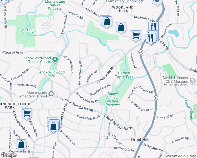 map of restaurants, bars, coffee shops, grocery stores, and more near 1698 Johnson Road Northeast in Atlanta