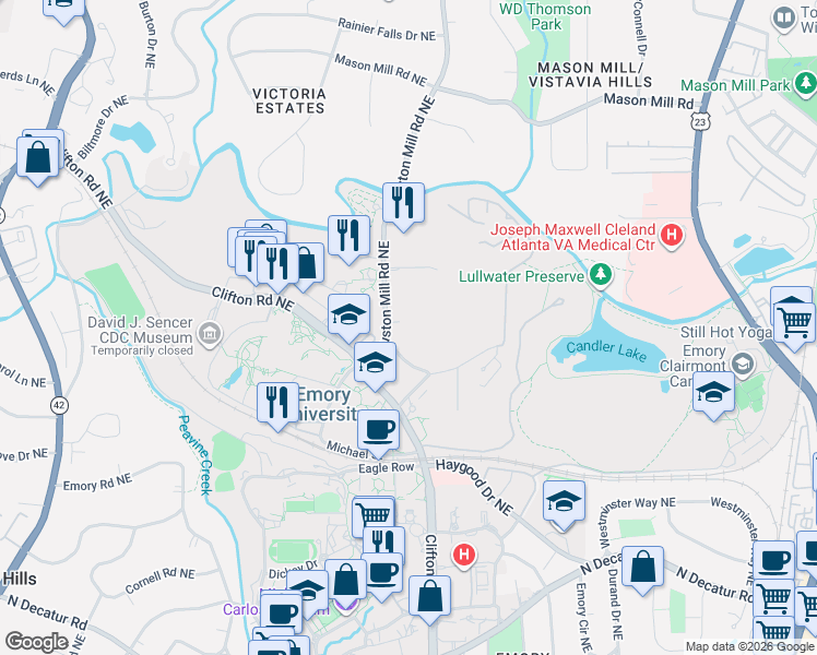 map of restaurants, bars, coffee shops, grocery stores, and more near 1618 North Gatewood Road Northeast in Atlanta