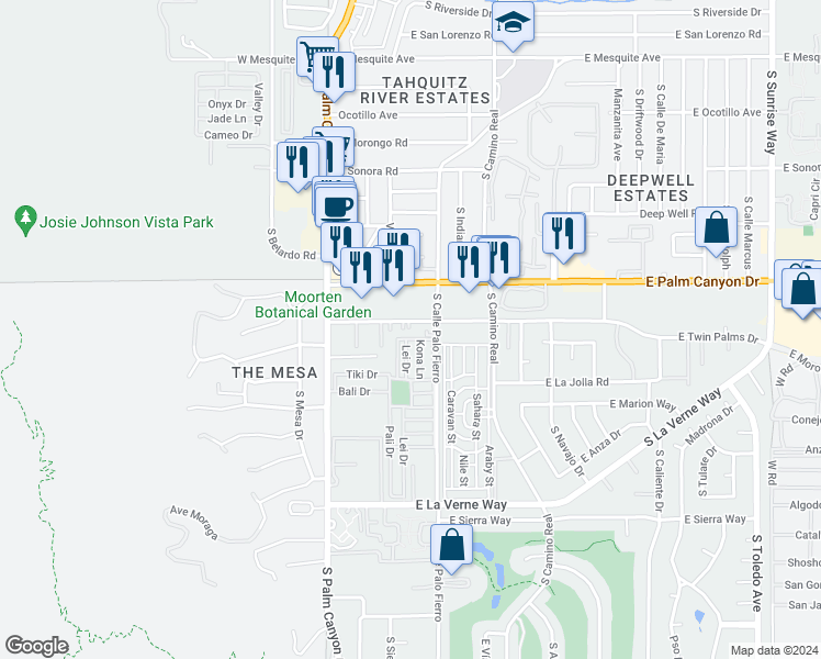 map of restaurants, bars, coffee shops, grocery stores, and more near 495 East Twin Palms Drive in Palm Springs