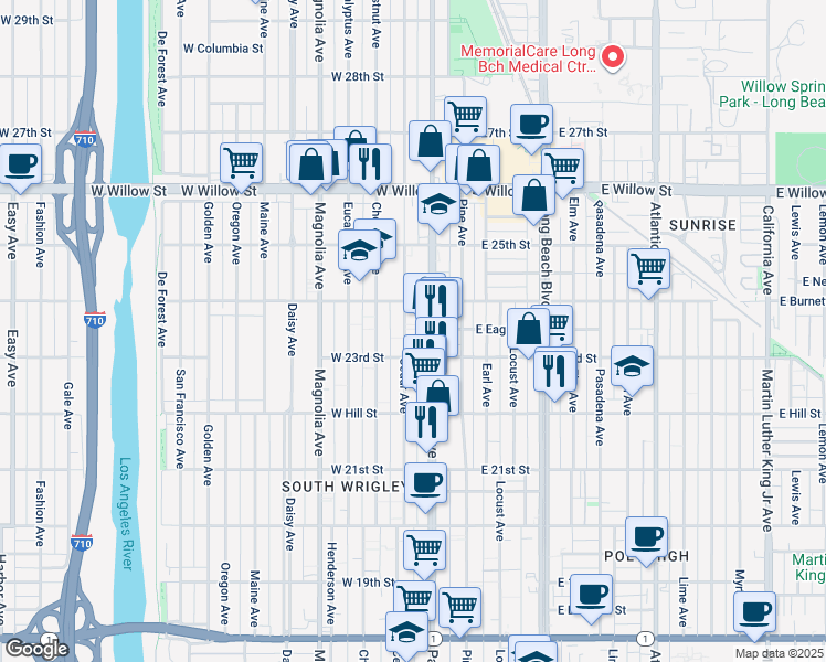 map of restaurants, bars, coffee shops, grocery stores, and more near 2342 Cedar Avenue in Long Beach