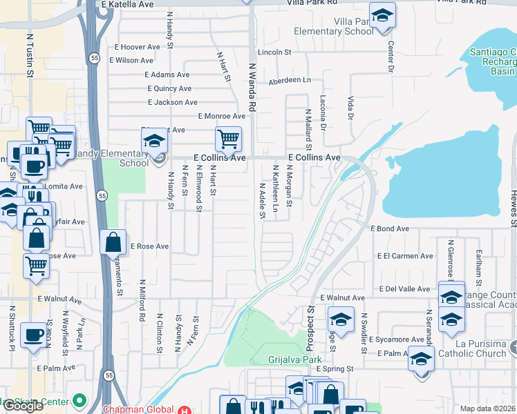 map of restaurants, bars, coffee shops, grocery stores, and more near 760 North Adele Street in Orange