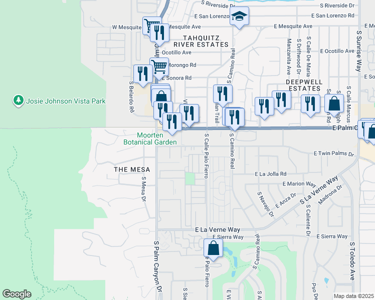 map of restaurants, bars, coffee shops, grocery stores, and more near 495 East Twin Palms Drive in Palm Springs