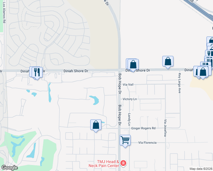 map of restaurants, bars, coffee shops, grocery stores, and more near 66 Oak Tree Drive in Rancho Mirage