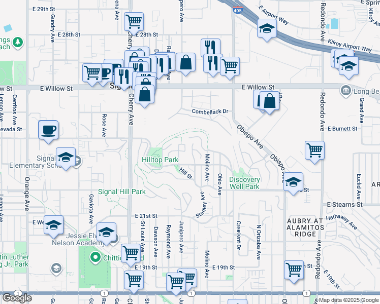 map of restaurants, bars, coffee shops, grocery stores, and more near 2341 Stanley Avenue in Signal Hill