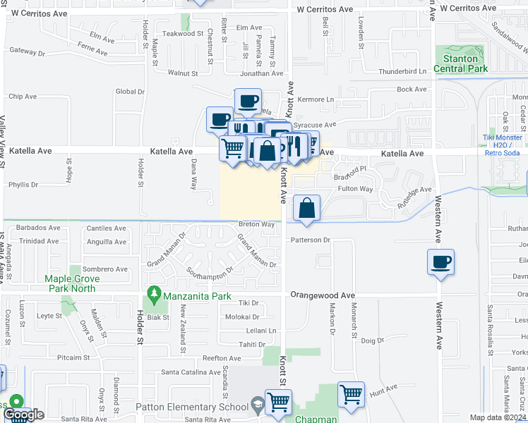 map of restaurants, bars, coffee shops, grocery stores, and more near 11205 Knott Avenue in Cypress