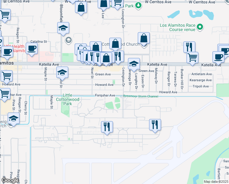 map of restaurants, bars, coffee shops, grocery stores, and more near 4411 Farquhar Avenue in Los Alamitos