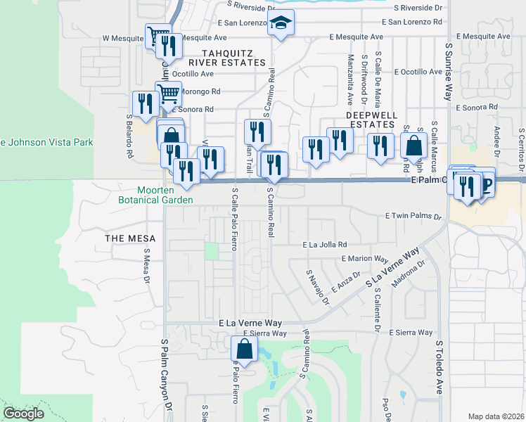map of restaurants, bars, coffee shops, grocery stores, and more near 791 East Twin Palms Drive in Palm Springs