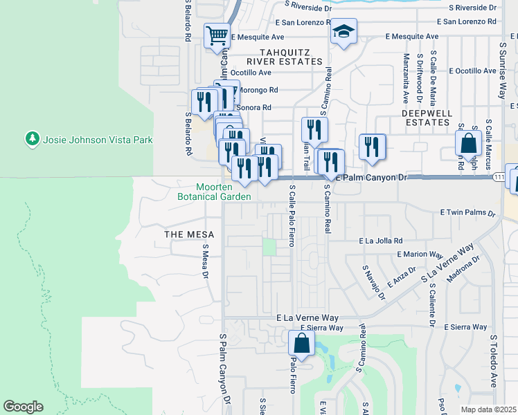 map of restaurants, bars, coffee shops, grocery stores, and more near 249 East Twin Palms Drive in Palm Springs